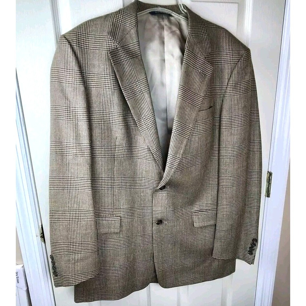 Burberry Kensington Wool Silk Suit Blazer Mens 42L Beige Houndstooth Sport Coat‎